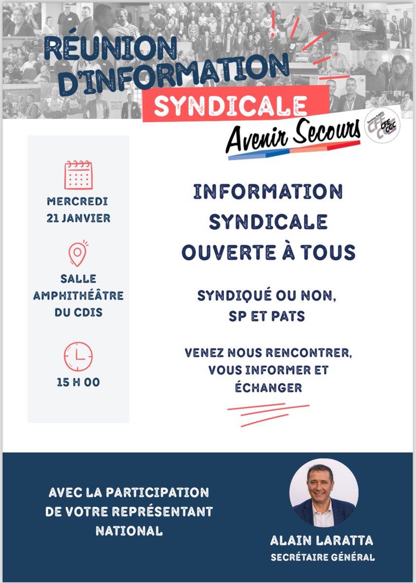 AvenirSecours42's tweet photo. 🚨 Agents du @sdis42, à vos agendas 📅 !
Votre section locale @AvenirSecours42 vous propose une information #syndicale le 21/01 en #amphi autour de vos représentants et @AlainLaratta @AvenirSecours https://t.co/kGUTaPDT4k
