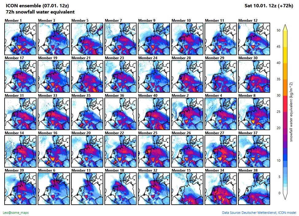 some_maps's tweet image. Next 72h snowfall water equivalent in the ICON EU ensemble.