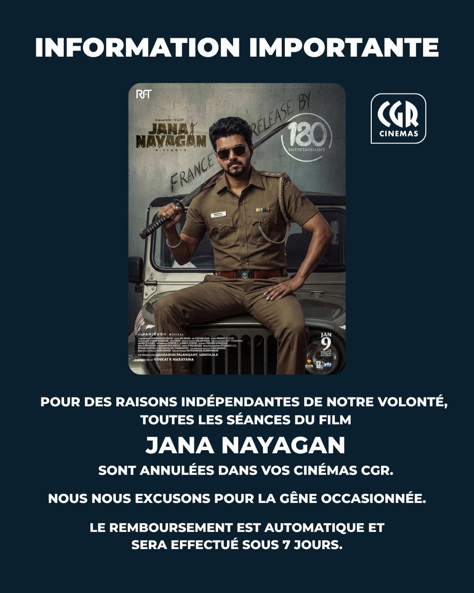 ℹ️ Information importante
Pour des raisons indépendantes de notre volonté, nous sommes contraints d'annuler les séances du film Jana Nayagan programmées dans les cinémas CGR.
Les remboursements seront réalisés automatiquement sous 7 jours.
Merci de votre compréhension🙏