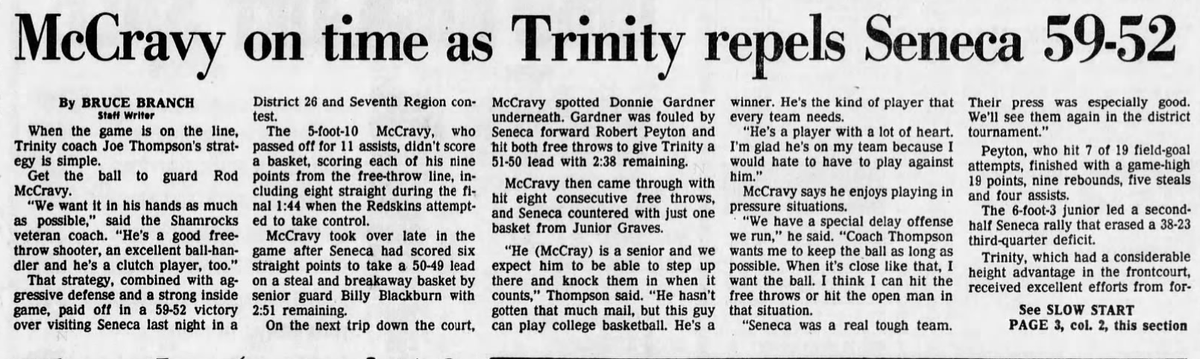 KYHSHistory's tweet photo. Rod McCravy, a track and basketball star at Trinity, had a big night last night in 1986.
Running track at UK, he died of a heart defect at age 19 a year later in his dorm. 
This Friday the Rod McCravy Memorial is run in Louisville. My daughter at Tulane is running it! https://t.co/DgiWATyIki