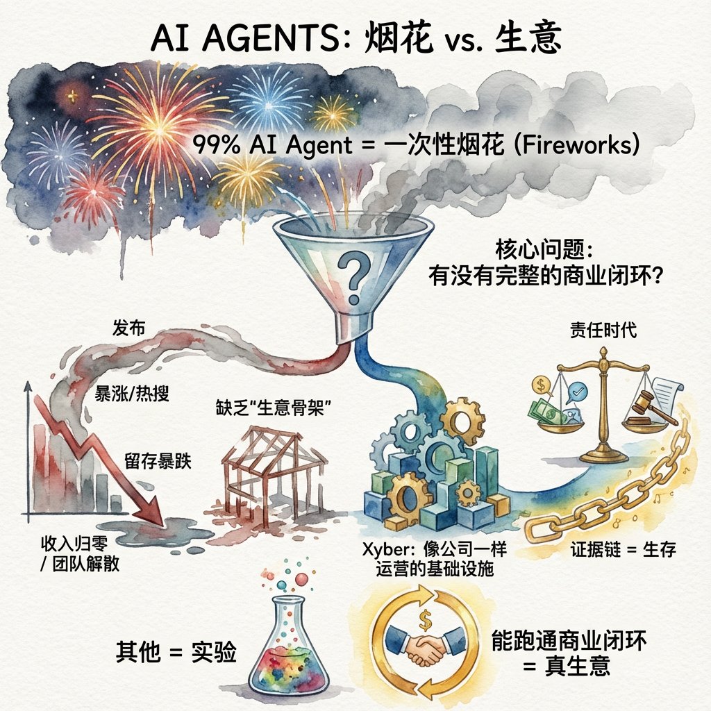 99% 的AI Agent 都不是生意，只是一次性发射的烟花。 这是判断Agent 项目的核心问题：它有没有完整的商业闭环？ 大多数AI  项目的命运是这样的：发布、暴涨、上热搜，然后留存暴跌、收入归零、团队解散。不是技术不行，是根本没有
