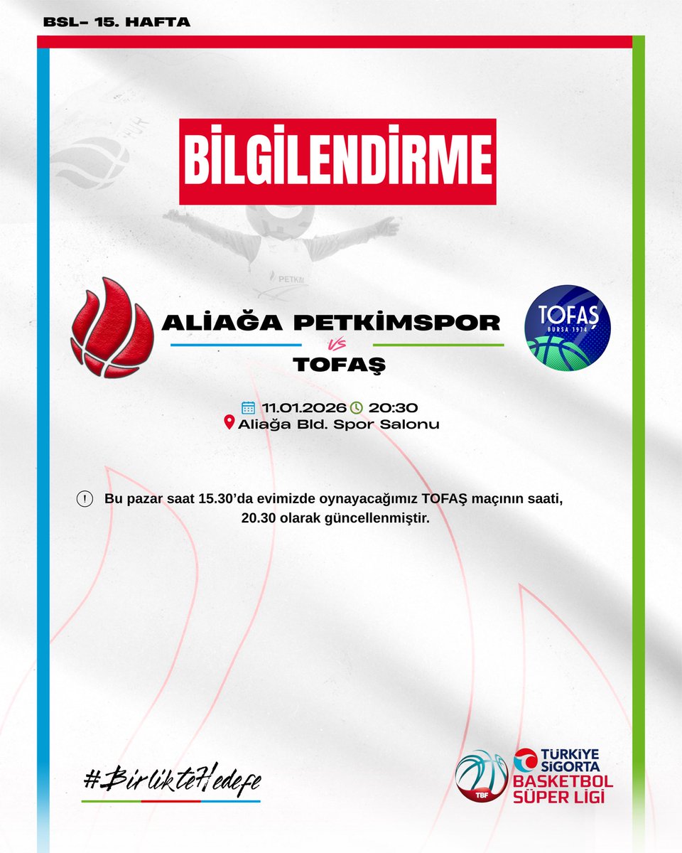 Petkimspor's tweet photo. ℹ️11 Ocak Pazar tarihinde TOFAŞ ile oynayacağımız Türkiye Sigorta Basketbol Süper Ligi 15. hafta mücadelesi, temsilcimizin BCL maçının hava muhalefeti nedeniyle ertelenmesinden dolayı 20.30’da oynanacaktır.

Temsilcimiz @TofasSporKulubu’ne Cholet karşısında başarılar dileriz.🏀

Pazar günü Aliağa Bld. Spor Salonu'nda görüşmek üzere!👋