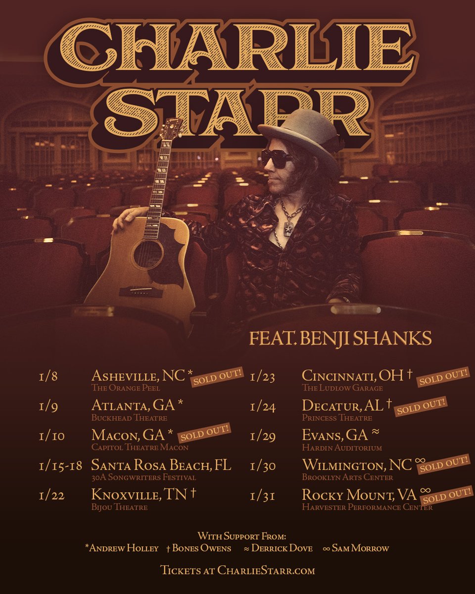 Announcing support for the 2026 Charlie Starr Acoustic Tour, feat. Benji Shanks: Andrew Holley, <a href="/BonesOwens/">B O N E S</a>, Derrick Dove, and <a href="/sammorrowmusic/">Sam Morrow</a> will be joining our brothers on the road this month.

Remaining tickets are on sale now at CharlieStarr.com