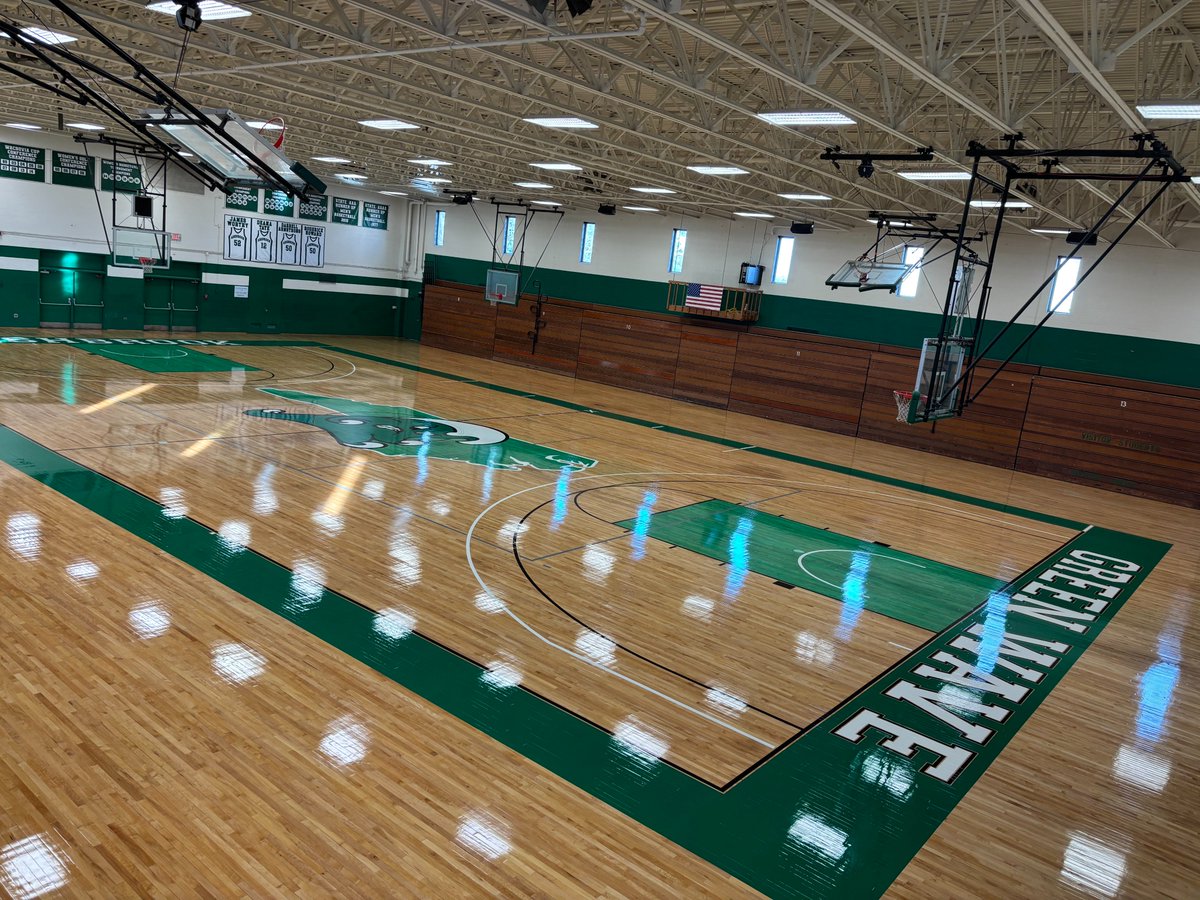 TheFloorGuys's tweet photo. Proud to share the  gym floor at Ashbrook in Gastonia, NC!
We sanded to bare wood, added lighter green stained lanes, team-green borders, and a center logo with a subtle NC stencil underneath. Finished with MFMA-approved coating for durability.
#SportsFlooring #MFMA #Athletics https://t.co/DBqJBDyfHK