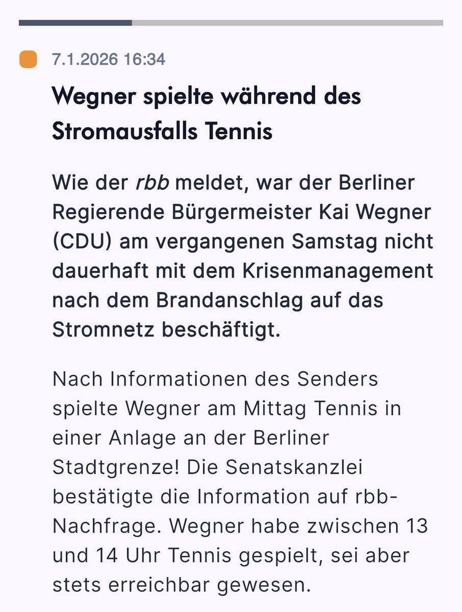 Wie der <a href="/rbb24/">rbb|24</a> erfahren haben soll, war Herr <a href="/kaiwegner/">Kai Wegner</a> nicht wie öffentlich geäußert, die ganze Zeit im Krisenmanagement, sondern spielte für mindestens 1. Stunde Tennis. Wir fordern Herr <a href="/kaiwegner/">Kai Wegner</a> auf: Treten Sie zurück! #berlinstromausfall