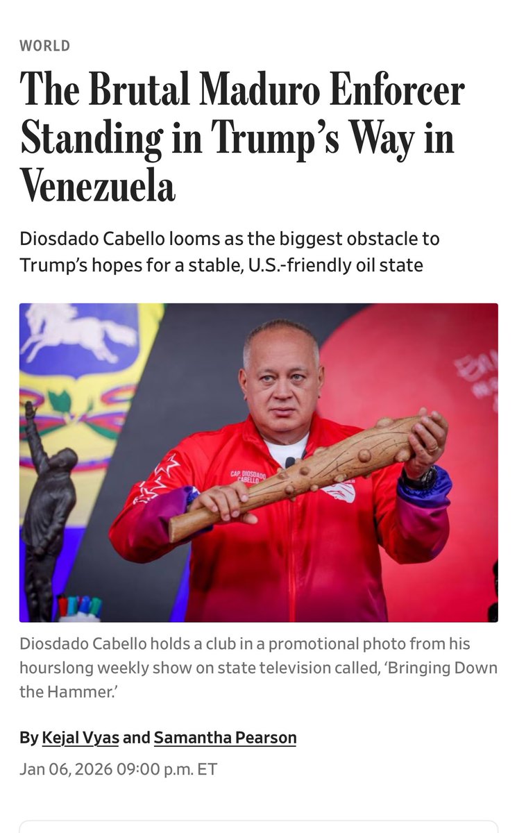 OrlvndoA's tweet photo. 🚨 | WSJ:

Los planes con Trump para una transición ordenada en Venezuela con Delcy Rodríguez tienen un obstáculo y se llama Diosdado Cabello. https://t.co/ynUrbEq1YA