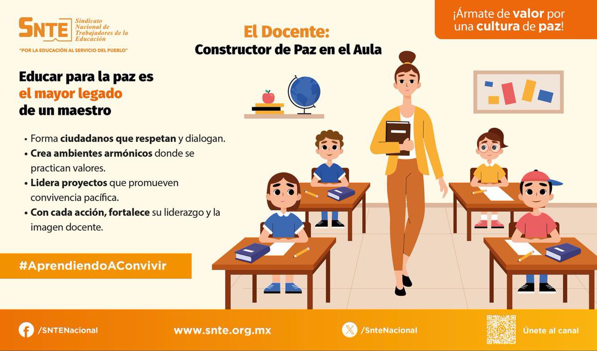 Á𝐫𝐦𝐚𝐭𝐞 𝐝𝐞 𝙫𝐚𝐥𝐨𝐫, 𝐩𝐨𝐫 𝐮𝐧𝐚 𝐜𝐮𝐥𝐭𝐮𝐫𝐚 𝐝𝐞 𝐩𝐚𝐳

🔶¡Maestras y maestros, son portadores de paz! 🕊️ Su mayor legado es formar ciudadanos respetuosos para tener ambientes armónicos dentro y fuera del aula.
¡Únete!
👉 snte.org.mx/cultura-paz/