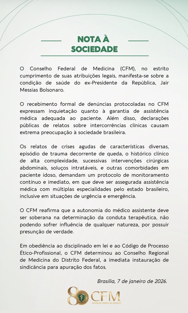 viniciuscfp82's tweet image. Conselho Federal de Medicina determina a realização de sindicância sobre assistência médica prestada ao ex-presidente Jair Bolsonaro.