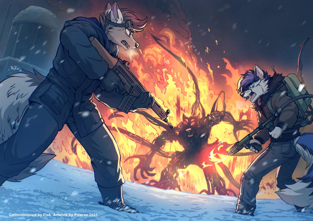 powree's tweet image. Commissioned by @Foxyflak , this was done earlier in 2025 as a gift.

Featuring Flak and Volt in “The Thing” setting. Thank you very much for commissioning! 

#furryartwork #furryartist #furry