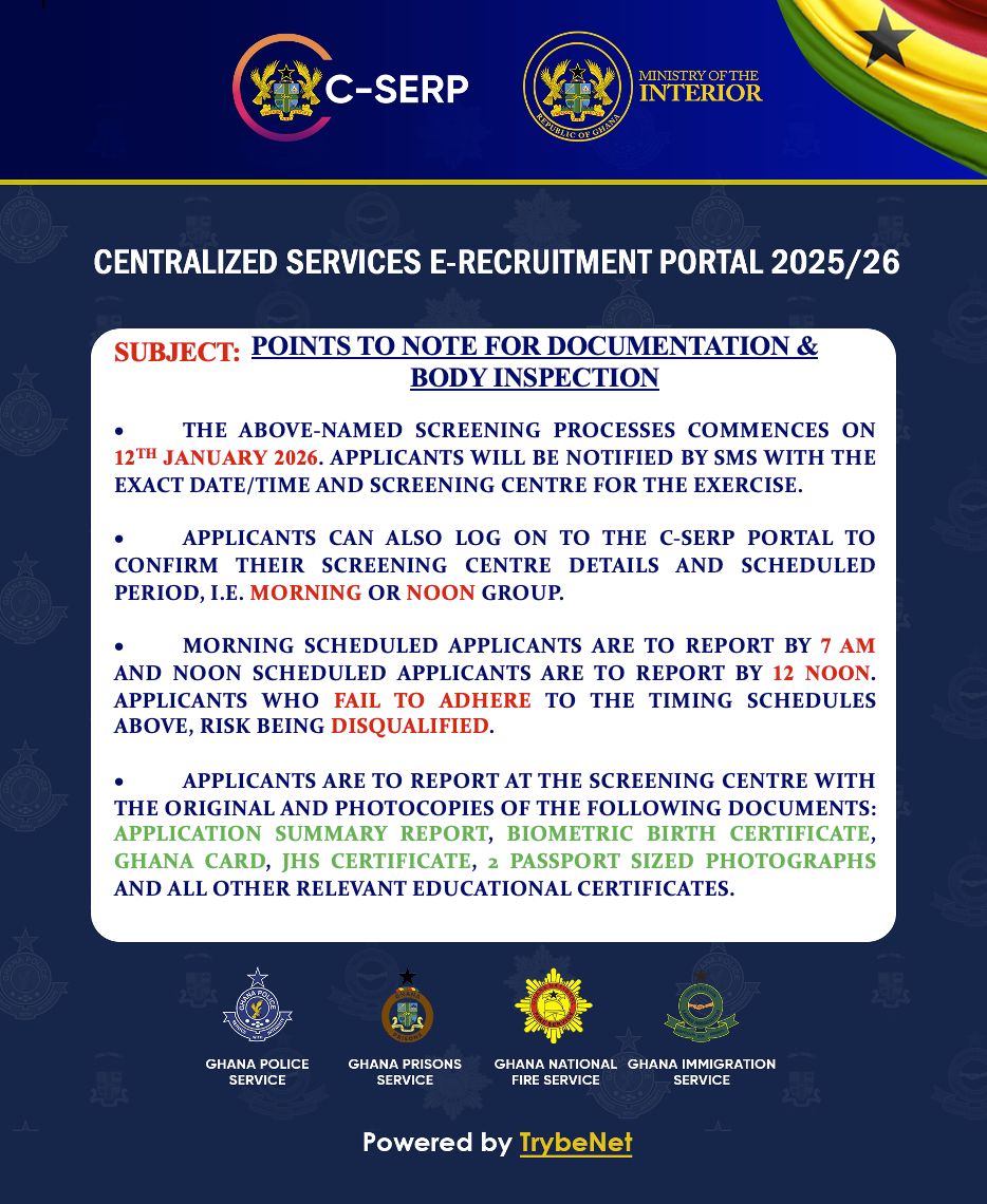 GhPoliceService's tweet image. CENTRALISED SERVICE E-RECRUITMENT PORTAL 2025/26

INVITATION OF APPLICANTS FOR PHASE II OF RECRUITMENT INTO THE INTERNAL SECURITY AGENCIES
