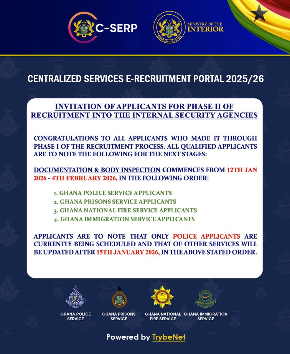 GhPoliceService's tweet image. CENTRALISED SERVICE E-RECRUITMENT PORTAL 2025/26

INVITATION OF APPLICANTS FOR PHASE II OF RECRUITMENT INTO THE INTERNAL SECURITY AGENCIES