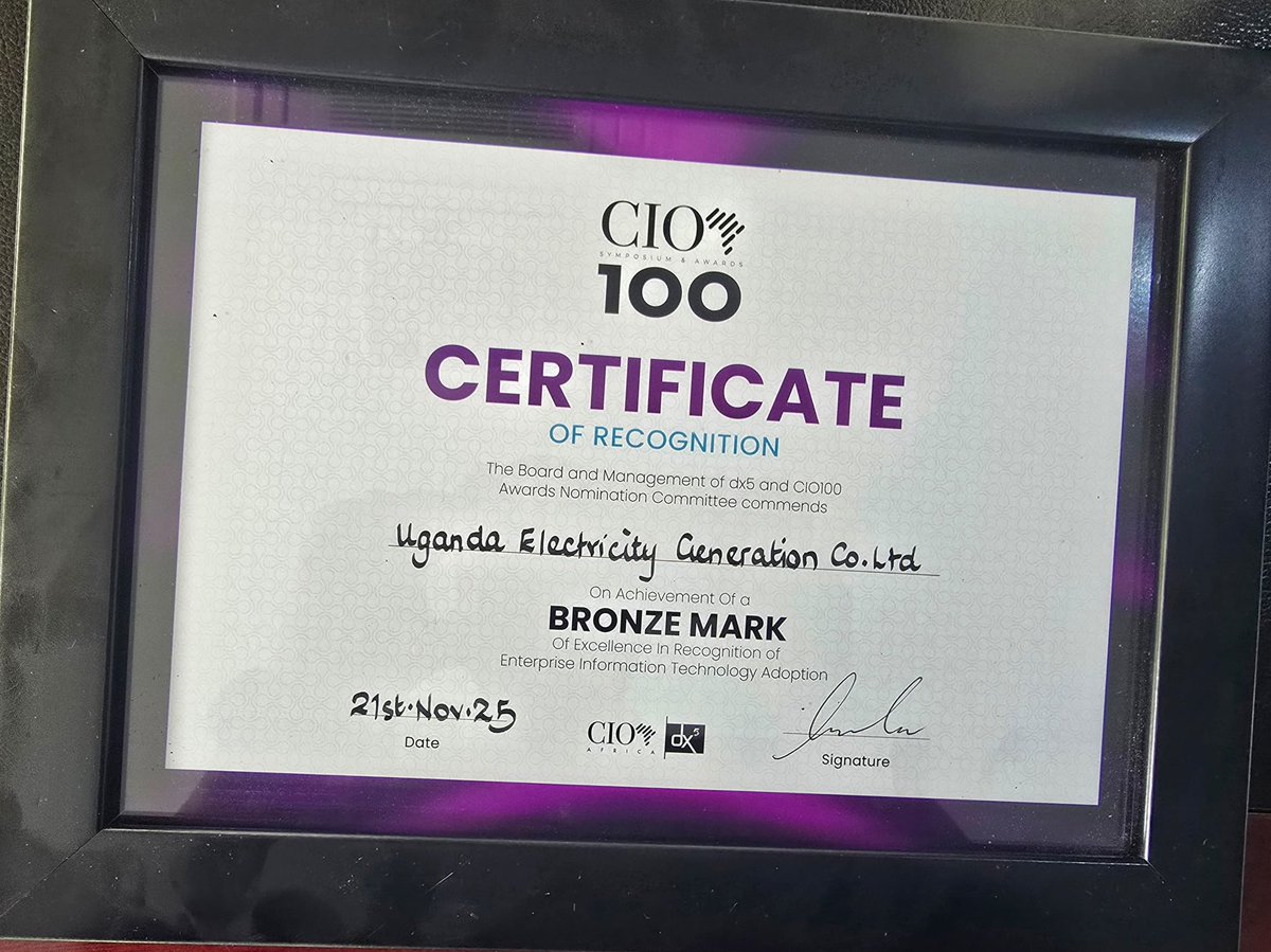UegclOfficial's tweet photo. Today, the Ag. CEO Eng. George Mutetweka officially received the Bronze Mark Recognition Award for Enterprise IT Adoption, conferred by the CICTO.
UEGCL earned this honor at the Africa CIO100 Symposium and Awards gala held in Kenya late last year. The annual event celebrates Africa’s leading IT organisations.
This recognition underscores UEGCL’s progress in leveraging ICT to strengthen operational efficiency, innovation, and service delivery. @murucomus