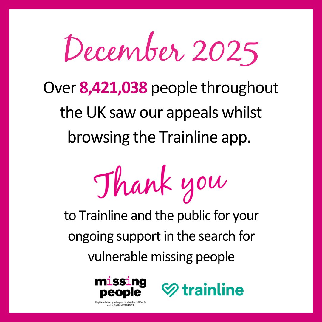 missingpeople's tweet image. Our partnership with Trainline allows us to be a lifeline for children and adults who are at risk of danger or harm, and those who love them. 

Thank you to all who have allowed us to continue our work!