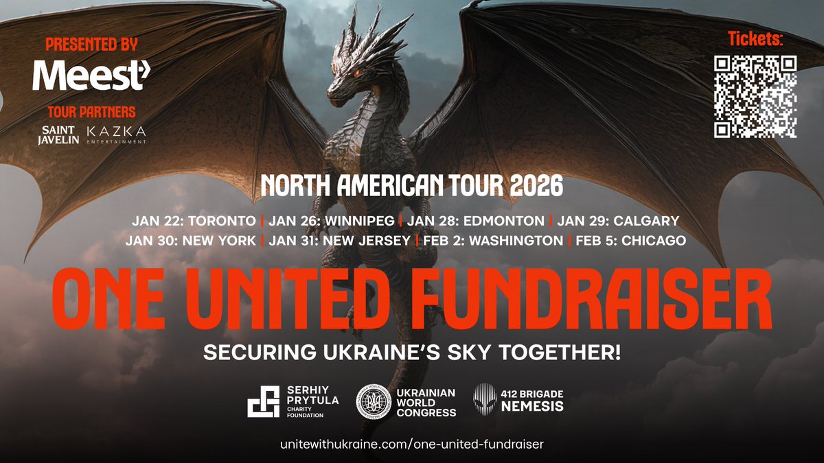 saintjavelin's tweet image. The Ukrainian World Congress (@UWCongress) , the Serhiy Prytula Charity Foundation (@CharityPrytula), and the 412th “Nemesis” Brigade have announced the One United Fundraiser (Єдинозбір) 2026 Tour in partnership with Saint Javelin. An eight-city series of community events across…