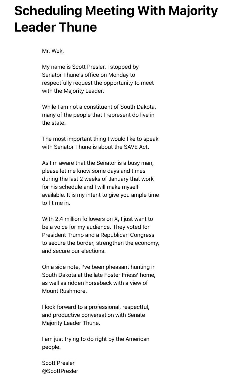 ScottPresler's tweet image. In addition to stopping by Senator Thune’s office, I have also emailed his legislative director. 

1 registered Minnesota voter can vouch for up to 8 persons without an ID. 

Pass the SAVE Act &amp;amp; secure our elections.