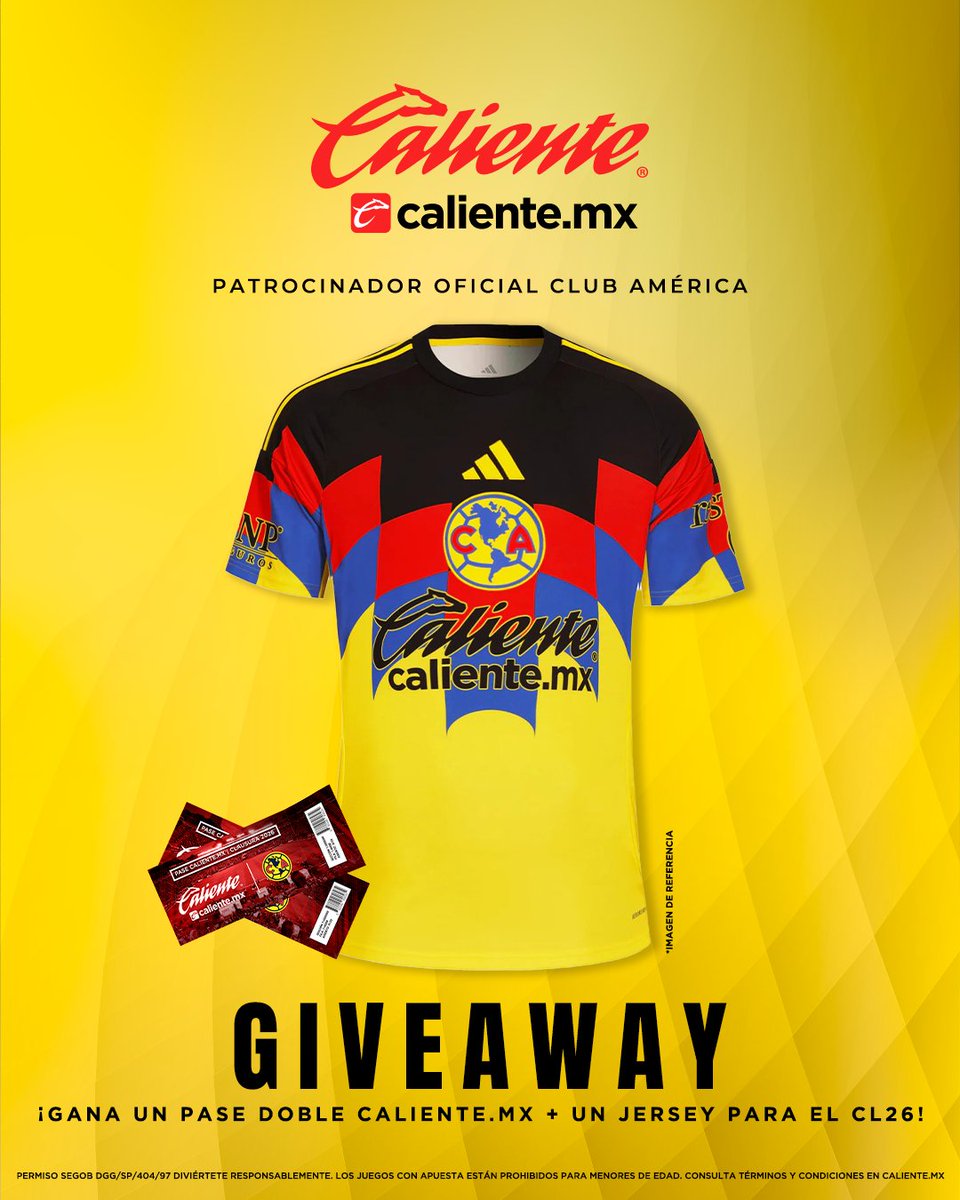 ClubAmerica's tweet image. 🏟️ Caliente.mx te lleva a ver al América 🏟️

Gana un PASE DOBLE + 1 JERSEY para nuestros juegos de local, incluye Fase Final 🦅

Haz lo siguiente 👇
1️⃣ Sigue a @calientesports 📲
2️⃣ Dale 🔁 y ❤️
3️⃣ Comenta por qué quieres ir al estadio en el #CL26 y el HT…