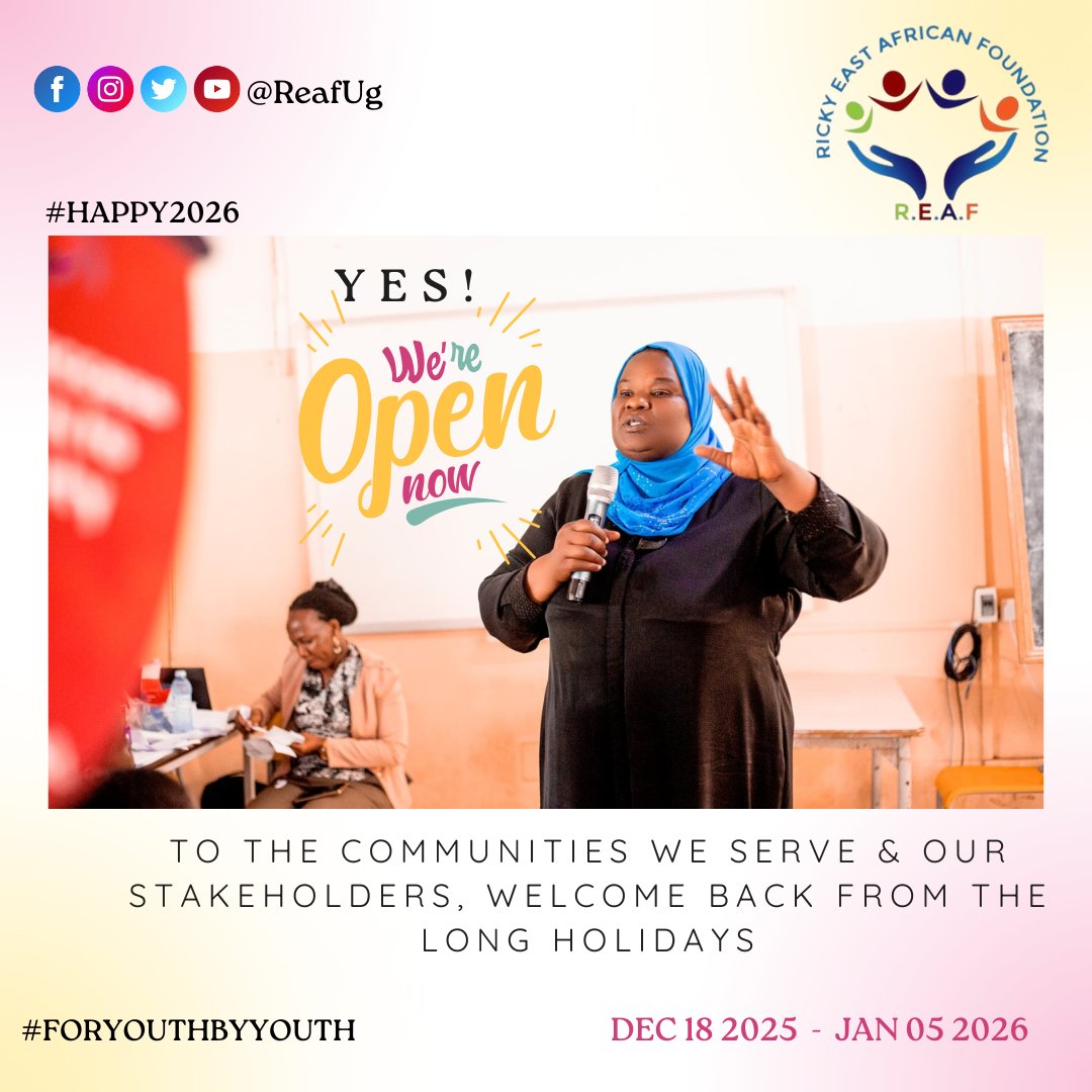 ReafUg's tweet photo. @ReafUg is officially open &amp; operating for 2026! 🎉 
We’re back &amp; committed to empowering young people and promoting their health &amp; well-being. Let’s make this year count💪 

🎯Here’s to impact, growth, &amp; action! 

#YouthWellbeingMatters
#ForYouthByYouth 

@KCCAUG @Mglsd_UG https://t.co/t7g60uHwZc