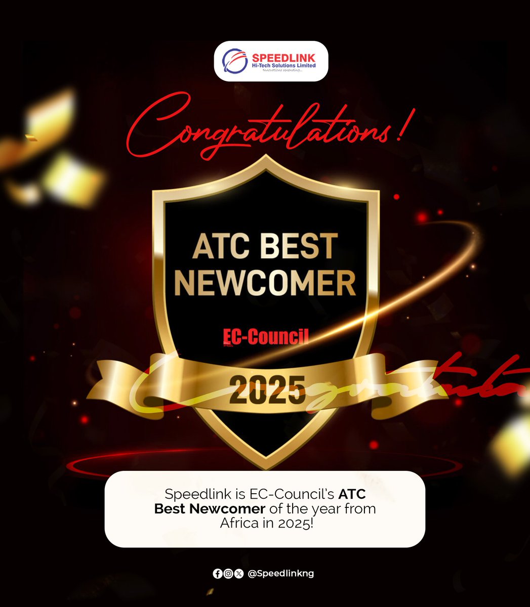 We’ve been awarded the 2025 <a href="/ECCOUNCIL/">EC-COUNCIL</a> ATC Best Newcomer Award 🏆

Selected from 2,380+ partners in 150 countries, this recognition validates our impact in cybersecurity education in Nigeria and Africa.

The journey is just beginning.
#Speedlink #ECCouncil #Cybersecurity #Africa