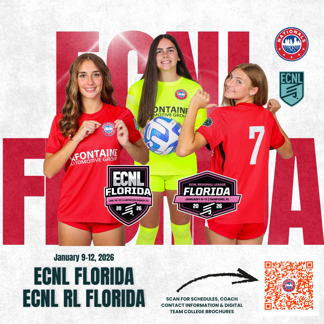 NationalsGA's tweet photo. Florida | Showcases | Opportunity 🌴⚽️

Our U16, U17 & U18/19 ECNL teams are headed to Lakewood Ranch, and our U17 & U18/19 ECNL RL teams will be competing in Sanford, taking part in two of the premier college recruiting events in the country.

These weekends matter.
High-level opponents.
Meaningful games.
And real opportunities for our players to be seen, evaluated, and recruited. 🎓📈

👀 College Coaches:
All schedules, field locations, rosters, coach contacts, and digital college brochures are available in one place.

📲 Scan the QR code or visit: https://t.co/kN71h0gtPt

🔴 Families & Players:
This is what intentional college exposure looks like.
Planning. Communication. Visibility.
We don’t leave recruiting to chance — we build it into everything we do.

Proud of these groups and excited for what’s ahead in Florida.
The work continues. The standard stays high. 💪🔥

#TheNationalsWay #ECNL #ECNLRL #CollegeSoccer #SoccerRecruiting #GirlsSoccer #RoadToCollege #NationalsECNL #NextLevel #BuiltDifferent
@ImYouthSoccer @ImCollegeSoccer