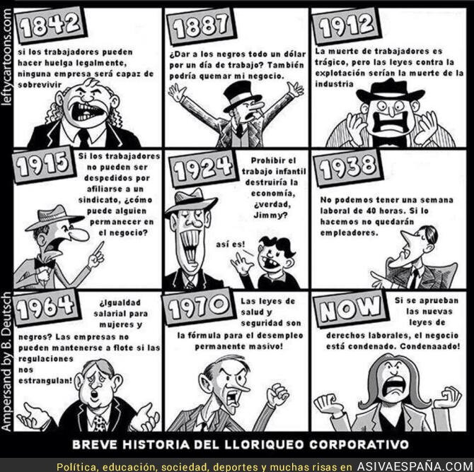 1861 - "Si no podemos contratar niños, las empresas quiebran".
1911 - "Si los trabajadores libran un día, las empresas quiebran".
1931 - "Si hay que pagar vacaciones, las empresas quiebran".
2021 - "Si hay que pagarle un salario decente a los trabajadores, las empresas quiebran".