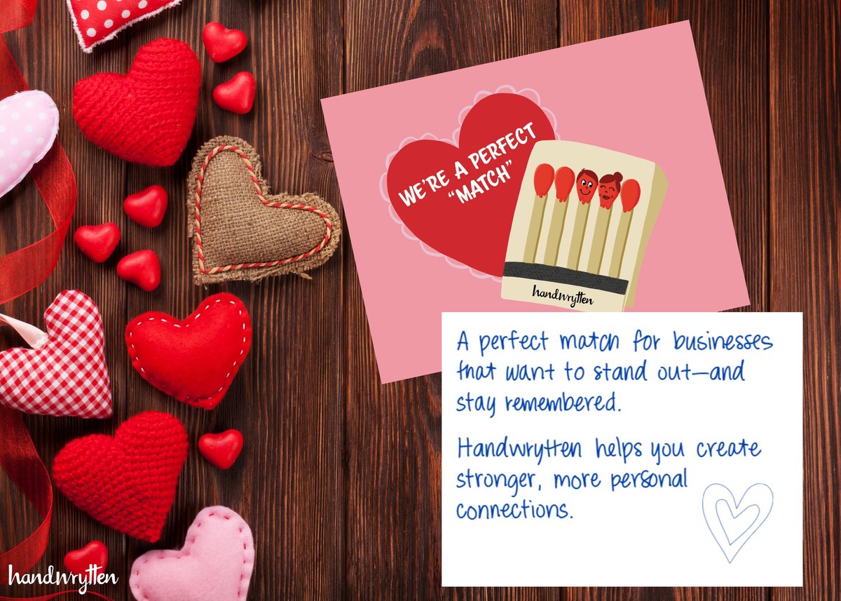 Swipe right on your business relationships this Valentine’s 😏

Handwritten cards = personal. Thoughtful. Unforgettable. Clients &amp; leads will love it. 💖

handwrytten.com | sales@handwrytten.com

#Handwrytten #BusinessLove #HandwrittenNotes #B2B #PersonalTouch #Marketing