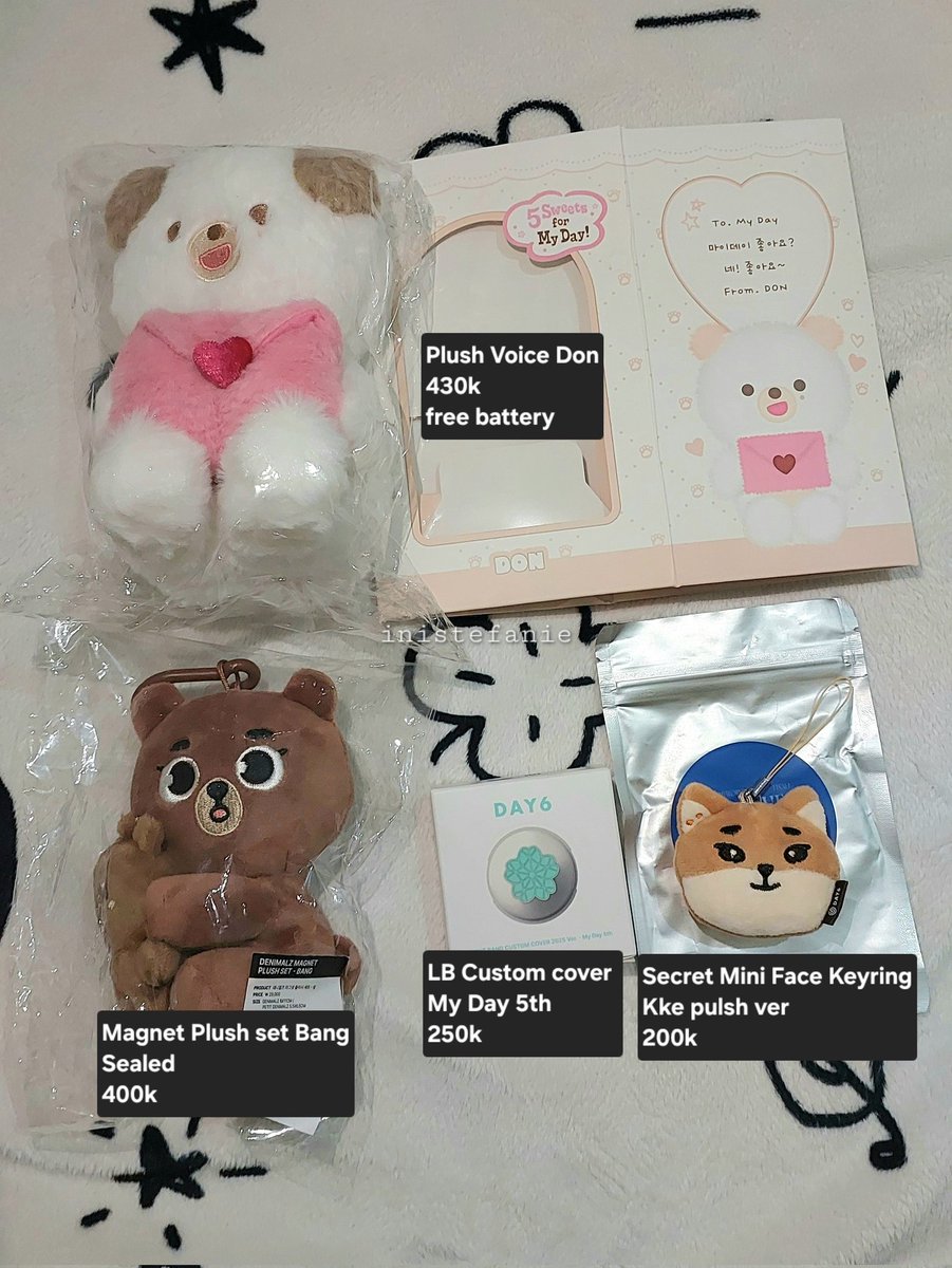 WTS Merch Day6
Ready kamar

Petit Denimaz Plush Voice Don
Plush Magnet Set Bang
Unsealed Secret Mini Face Keyring Ke plush ver
Lightband Custom Cover 2025 ver - My Day 5th

📍Bogor
inc packing
exc adm 🍊
✅️ Splitpay / Full co / Manual