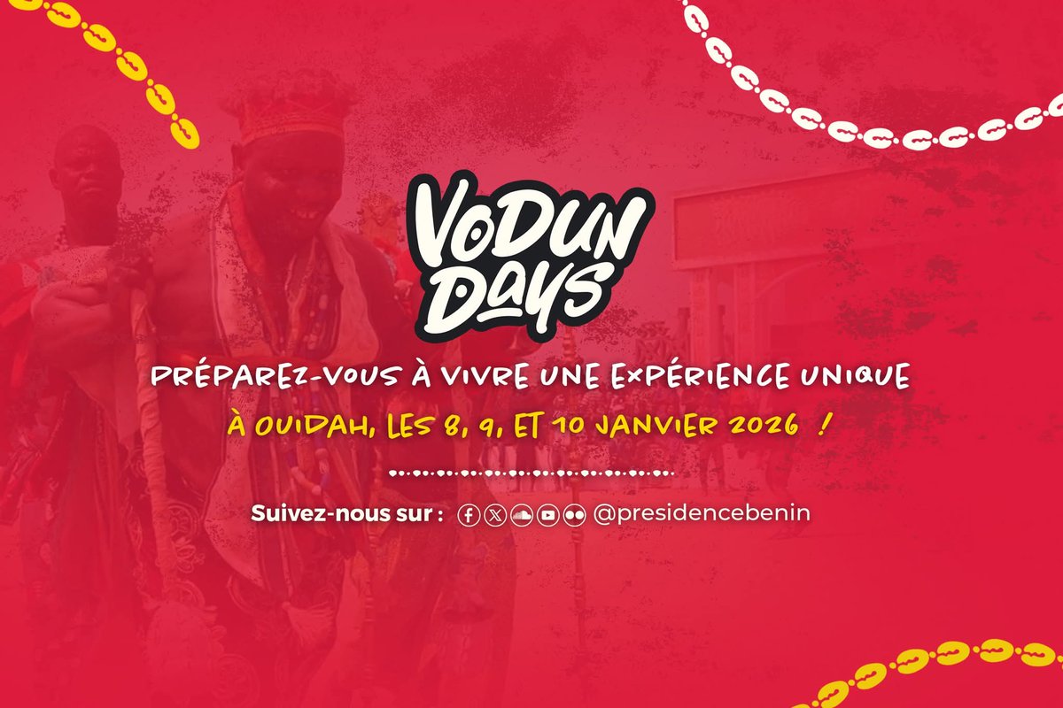 PatriceTalonPR's tweet image. Ouidah nous accueillera dès ce jeudi 8 janvier 2026 et ce sur 3 jours pour l'édition 2026 des #VodunDays.
 
En cette circonstance, je suis heureux que le monde puisse apprécier à travers nos rites, danses, adeptes et cultes, la richesse et la splendeur de notre tradition
