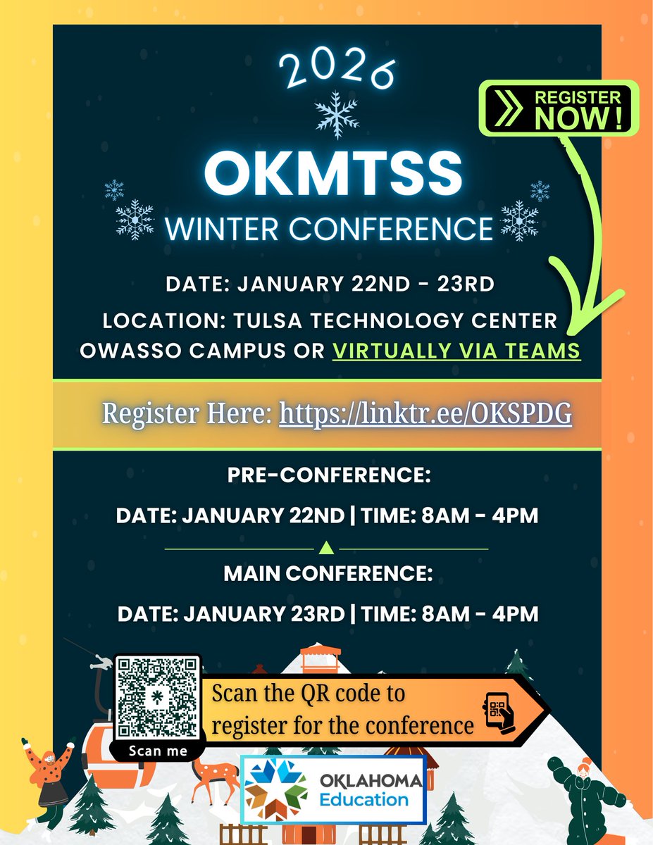 OK_SPDG's tweet photo. Join us Jan 22–23 for the 2026 OKMTSS Winter Conference in Tulsa or online! Register: https://t.co/m5bJ1HFQJI  ❄️📚
#okmtss #education #sped #Oklahoma #okc #OKState #okcthunder https://t.co/kAU9qOiRK8