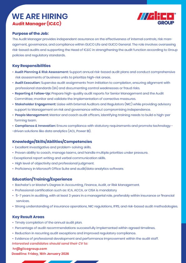 glicogroup's tweet image. We are hiring!
Audit Manager (IC&amp;amp;C)
Interested candidates should send applications to:

𝗵𝗿@𝗴𝗹𝗶𝗰𝗼𝗴𝗿𝗼𝘂𝗽.𝗰𝗼𝗺
𝗯𝘆 𝗙𝗿𝗶𝗱𝗮𝘆 , 𝟭𝟲𝘁𝗵 𝗝𝗮𝗻𝘂𝗮𝗿𝘆, 𝟮𝟬𝟮𝟲.

#GLICOGroup
#recruitment