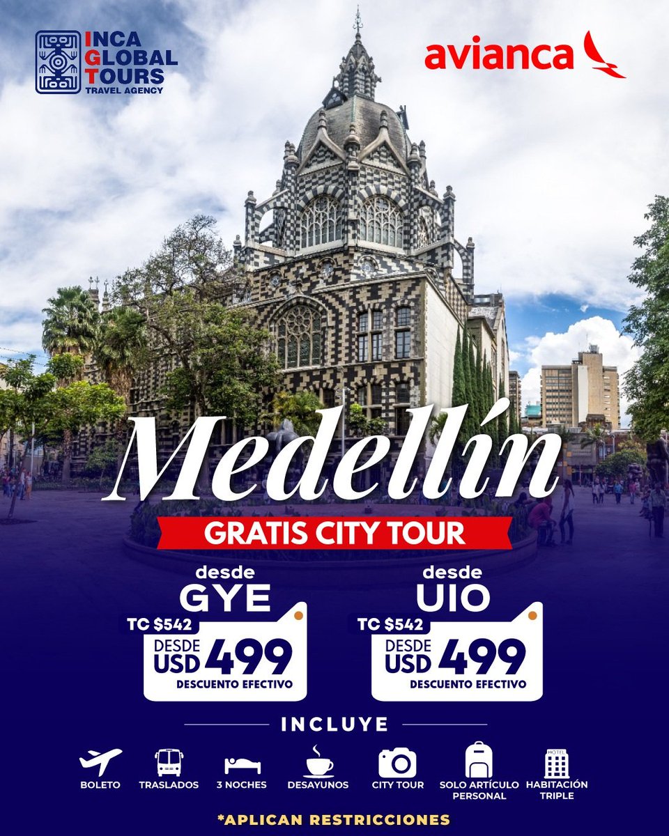 IncaGlobalTours's tweet photo. #Medellín 😎✈️

#IncaGlobalTours #Ecuador #Quito #Guayaquil #Cuenca #Durán #Ambato #Loja #Riobamba #Paute #Gualaceo #Cañar #Azuay #Guayas #Cotopaxi #Azogues #Machala #Esmeraldas #Latacunga #Pichincha #Quevedo #Babahoyo #Tungurahua #Promoción #Tours #Trips #Oferta https://t.co/GU3Y0K7kCh