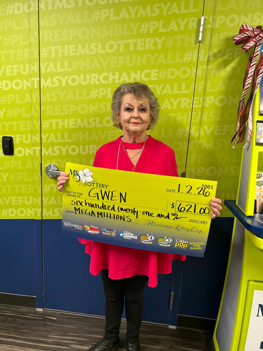 TheMSLottery's tweet photo. π Winner Alert! π
Shout out to Gwen from Ovett! She won $621 on a Mega Millions ticket! π Gwen says she loves playing Mega Millions and Powerball and plans to keep trying for an even bigger win! πΈ She purchased her ticket at Keithβs Superstore #100 in Ellisville. #MSLottery https://t.co/u0m1Lu7JcL