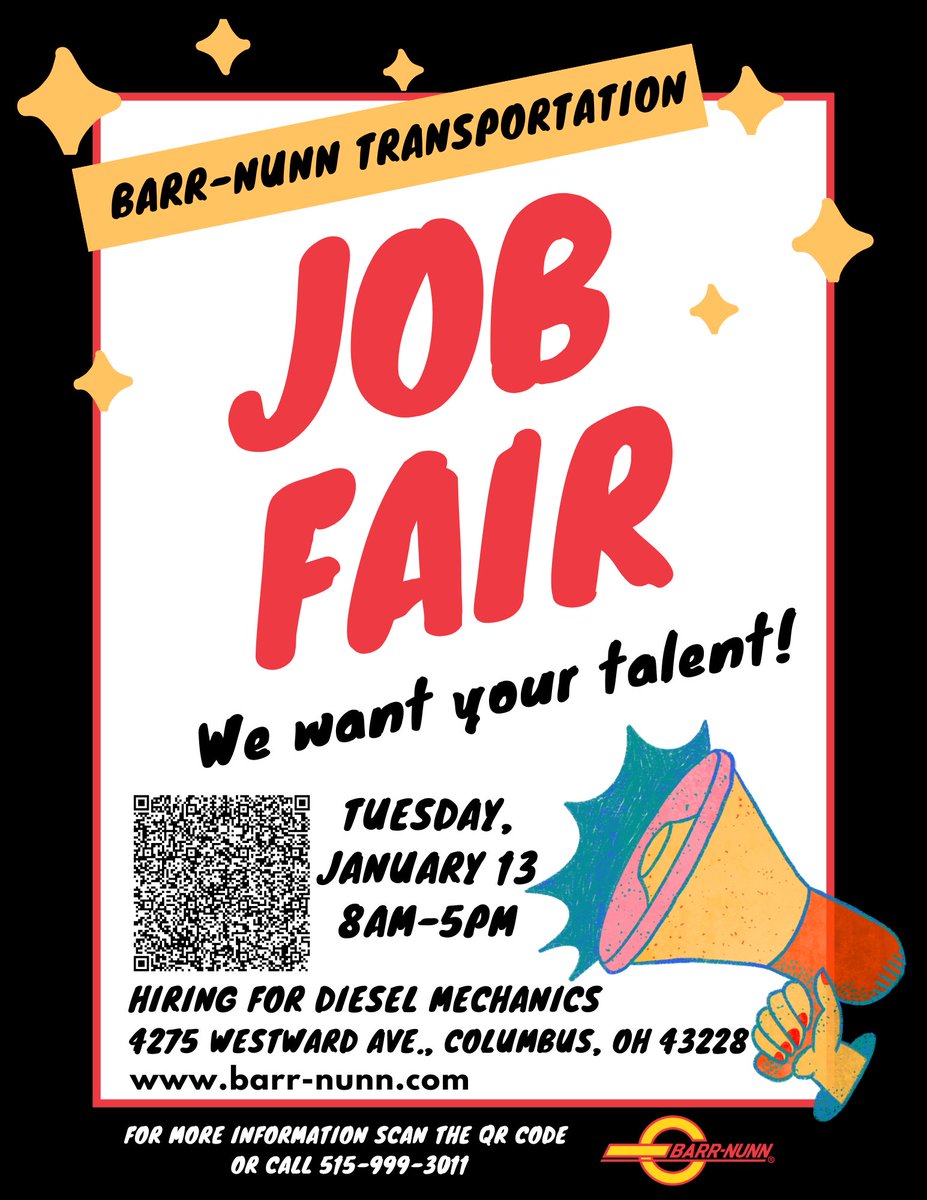 Columbus, OH: 𝗗𝗶𝗲𝘀𝗲𝗹 𝗠𝗲𝗰𝗵𝗮𝗻𝗶𝗰 𝗝𝗼𝗯 𝗙𝗮𝗶𝗿 — Tues. Jan 13 | 8am-5pm. Details on the flyer + QR code. #DieselMechanic #ColumbusOH