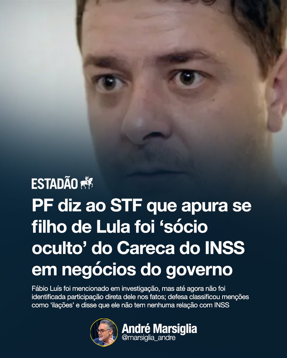 marsiglia_andre's tweet image. Polícia Federal informou ao Supremo Tribunal Federal (STF) que encontrou menções a um dos filhos do presidente da República, Luiz Inácio Lula da Silva, em três diferentes conjuntos de informações colhidas ao longo da investigação sobre desvios de aposentadorias do Instituto…