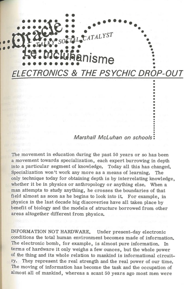 McLinstitute's tweet image. “Mere literacy won’t do anymore. The task of community education ought to be to lift the entire community up to the level of the technology it’s using. 
Otherwise the society collapses.”

Marshall McLuhan
‘Electronics and the Psychic Dropout’
1966
