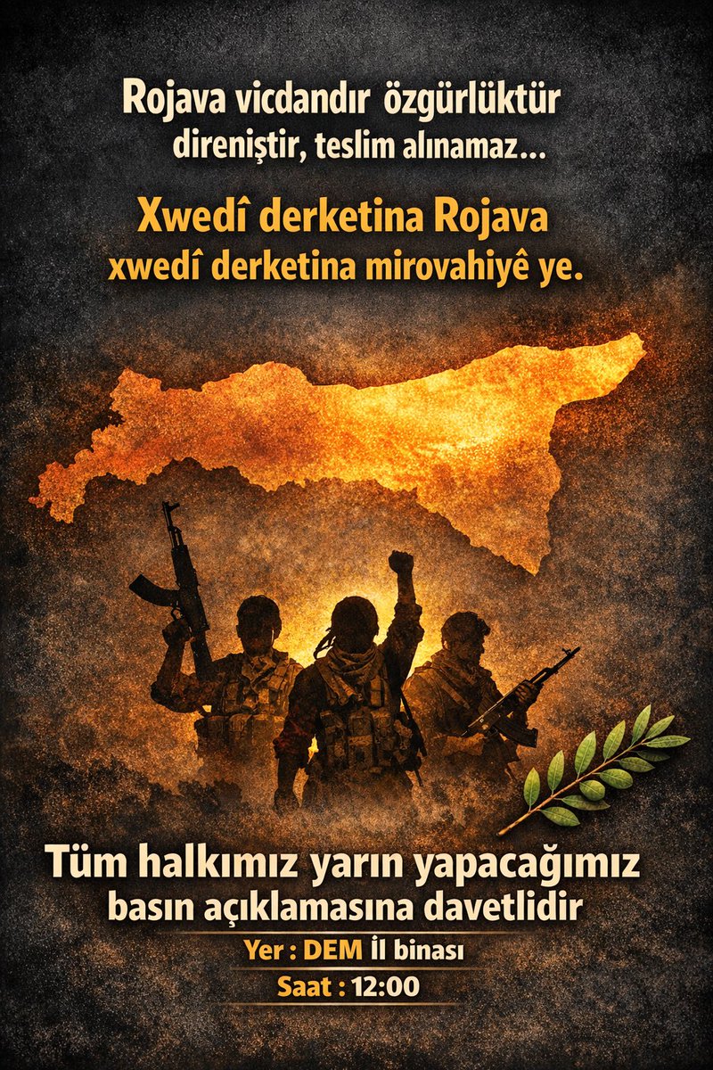 DemParti_IGDIR's tweet image. Merhaba arkadaşlar

Kuzey ve Doğu Suriye’de Halep’teki Kürt mahallelerine dönük sivil halkı hedef alan saldırılar sürüyor Bu saldırılara karşı Rojava’nın kazanımlarını savunmak ve dayanışmayı büyütmek için yarın kitlesel basın açıklaması yapacağız.