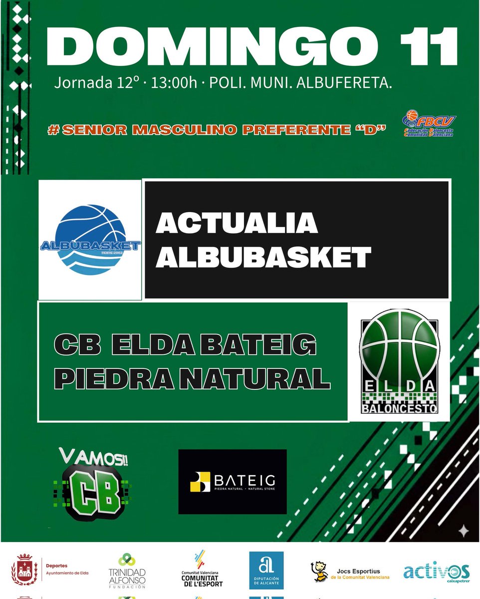 ▶️ 🟢⚫ Regresa la competición preferente con doble partido a domicilio  #VamosCB 💚🖤

🆚 <a href="/CbTorrevieja/">cb_torrevieja</a> y <a href="/ALBUBASKET/">ALBUBASKET</a>

<a href="/ayto_elda/">Ayuntamiento de Elda</a>
<a href="/BateigStone/">Bateig Piedra Natural</a>
<a href="/FTA_CV/">Fun.Trinidad Alfonso</a>
<a href="/comunitatesport/">Comunitat de l'Esport</a>
<a href="/dipuAlicante/">Diputación de Alicante</a>
<a href="/caixapetrer/">Social Media</a>