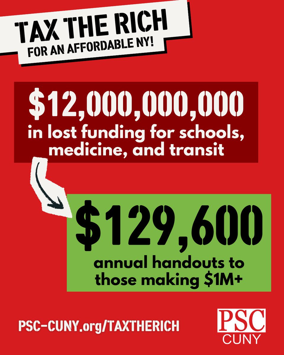 PSC_CUNY's tweet image. New York’s ultrarich just got a $12 billion federal tax break. Residents earning more than a million dollars a year are starving the state of critically needed funding, and enjoying an annual giveaway of over $100,000 each, thanks to Trump's regressive "Big Beautiful Bill".