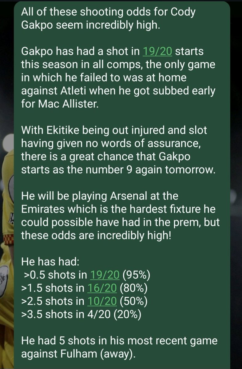 BetsConStats's tweet image. Premier League 8/1/2026 
Arsenal - Liverpool

MEGA value in a Gakpo shots ladder!

I think all of the prices for Gakpo's shots are incredibly high.

3rd &amp;amp; 4th photo for explanation.

See comments for the discepancy in all of the available odds.

All stats by @StatsHubCom