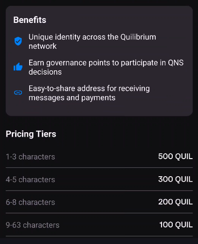 QuilibriumOne's tweet photo. Quilibrium Name Service (QNS) launched today 🎉 
Claiming for names is open to Beta testers via invite codes (a lucky OG just registered "crypto" 😻).

The marketplace to buy names will be available within 24 ours on https://t.co/lm1Wn7YE67 (buy with wQUIL or USDC).

$QUIL @QuilibriumInc