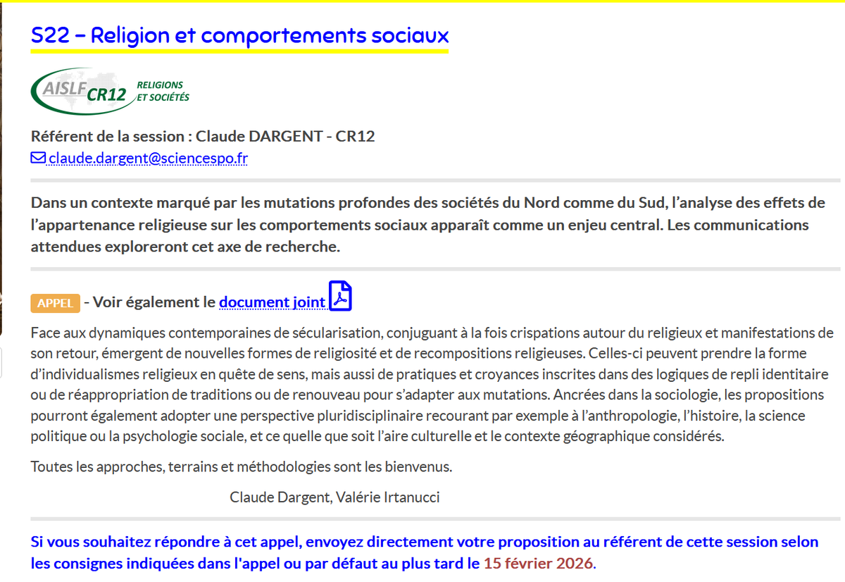 AISLF : Rappel - Appel à communication dans le cadre des Rencontre à  Bergame en juin-juillet 2026 du CR 12 : S22, Religions et Comportements  sociaux. Nous attendons vos propositions d'ici le 31 janvier, à vos  plumes et clavier !