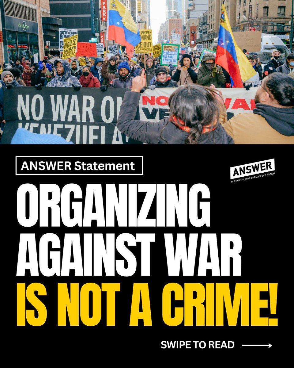 🚨ANSWER Statement –– Organizing against war is NOT a crime!

No matter what lies the far right tells about us, we will not be intimidated out of exercising our right to raise our voice against war and occupation. 

Read the full statement🧵