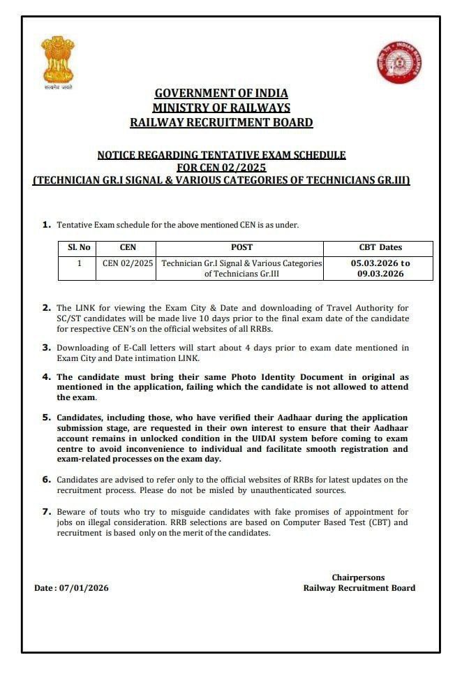 BasicshikshakC's tweet image. Indian Railway RRB Technician Gr.l Signal &amp;amp; Various Categories of Technicians Gr.III 2025 Exam Date Out 

Exam Date - 05 March to 09 March 2026

#IndianRailway #RRB #Technician