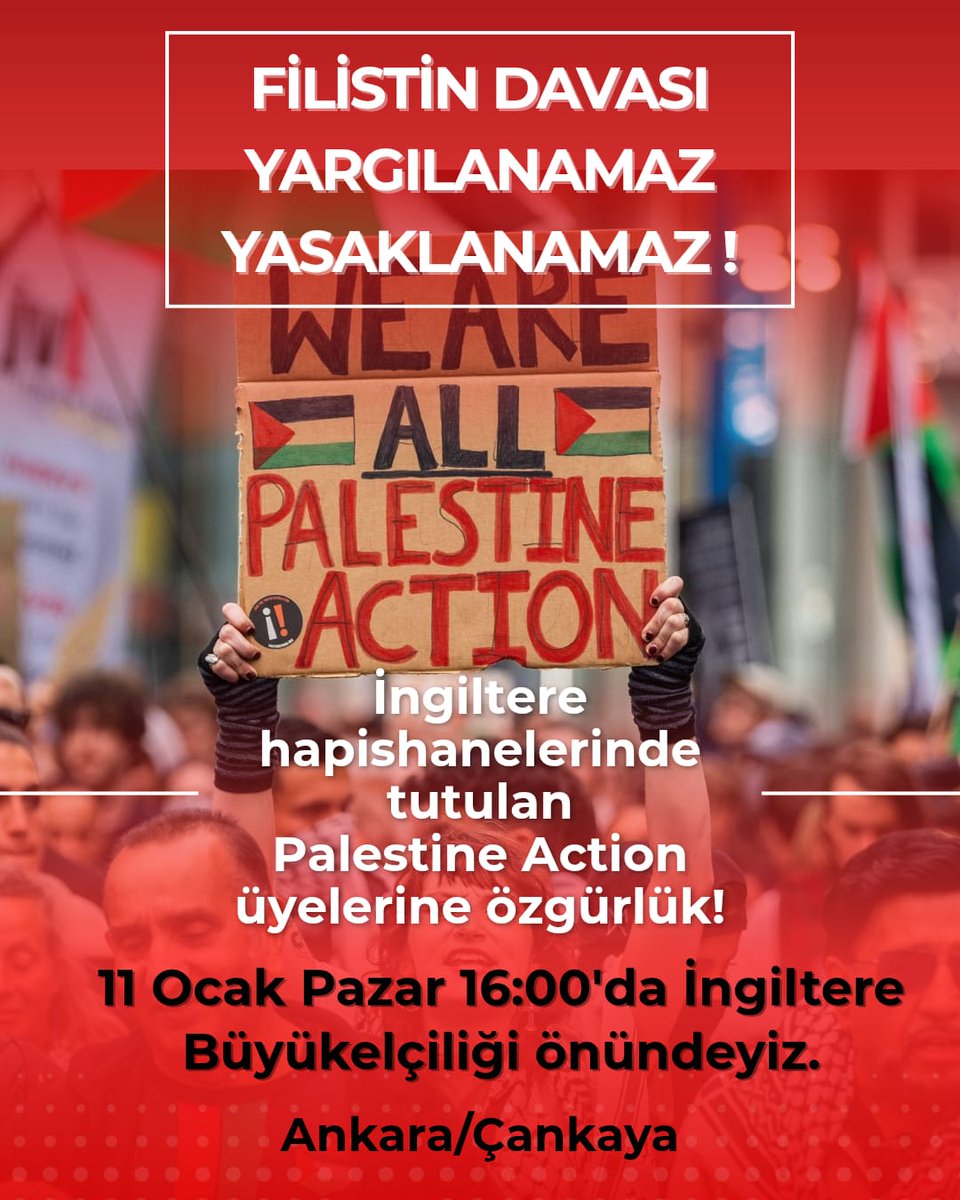 filistndavalari's tweet image. ANKARA EYLEM ÇAĞRISI 📢

Filistin davası yargılanamaz, yasaklanamaz! 
İngiltere hapishanelerinde tutulan Palestine Action üyelerine özgürlük talebini yükseltmek için bir araya geliyoruz! 
11 Ocak Pazar 16:00’da İngiltere Büyükelçiliği önündeyiz.

Ankara/Çankaya

The Palestinian…