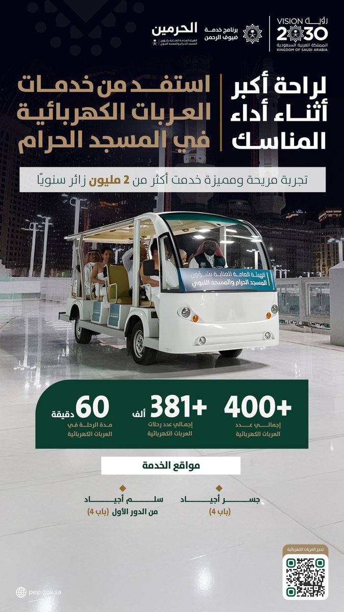 أكثر من 400 عربة كهربائية تخدم ضيوف الرحمن في المسجد الحرام؛ لأداء مناسكهم بيسر وطمأنينة.

احجز عربتك بسهولة عبر منصة التنقل الموحدة:
carts.alharamain.gov.sa 

#رؤية_السعودية_2030
