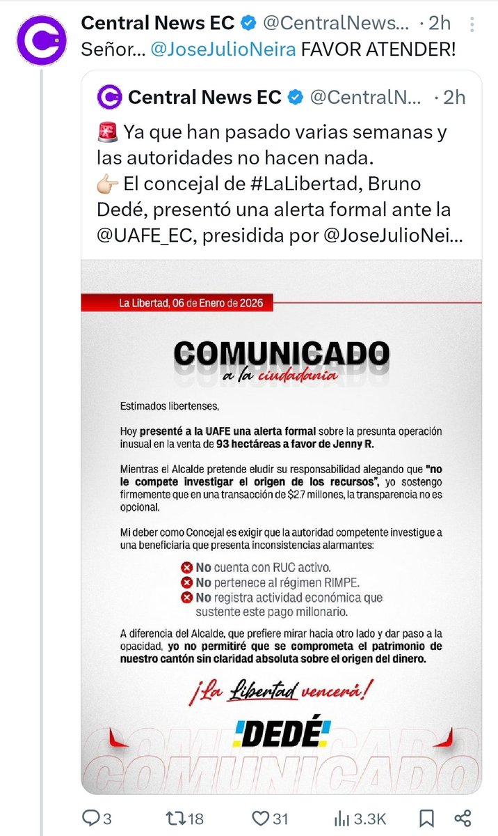 marcelramirezrh's tweet photo. @CentralNewsEC publica un comunicado del concejal de La Libertad que esta denunciando la fraudulenta compra de 93 hectareas de terreno por parte de una muchacha de 23 años llamada Jenny Ramirez.
La respuesta que da @JoseJulioNeira director de la @UAFE_EC es terrorifica. 
Deja muy en claro Neira que ellos van a hacer lo que les da la gana y termina practicamente amenazando a Central News por hablar del tema.
A alguien le queda alguna duda que estamos viviendo un regimen de terror???? 
Estan dispuesto a todo para cubrir los actos de corrupcion.