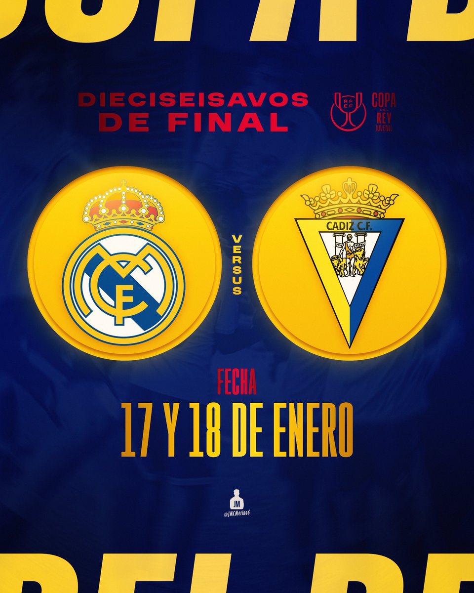 🟡🆕 ¡El #CádizCF Juvenil DH se enfrentará al Real Madrid en los 𝐝𝐢𝐞𝐜𝐢𝐬𝐞𝐢𝐬𝐚𝐯𝐨𝐬 𝐝𝐞 𝐟𝐢𝐧𝐚𝐥 de la #CopaDelRey Juvenil!

📅 La eliminatoria se disputará 17 o 18 de enero (horario por confirmar).

🏟️ A partido único en la Ciudad Real Madrid.

🔛 Los de Pedro Mateos
