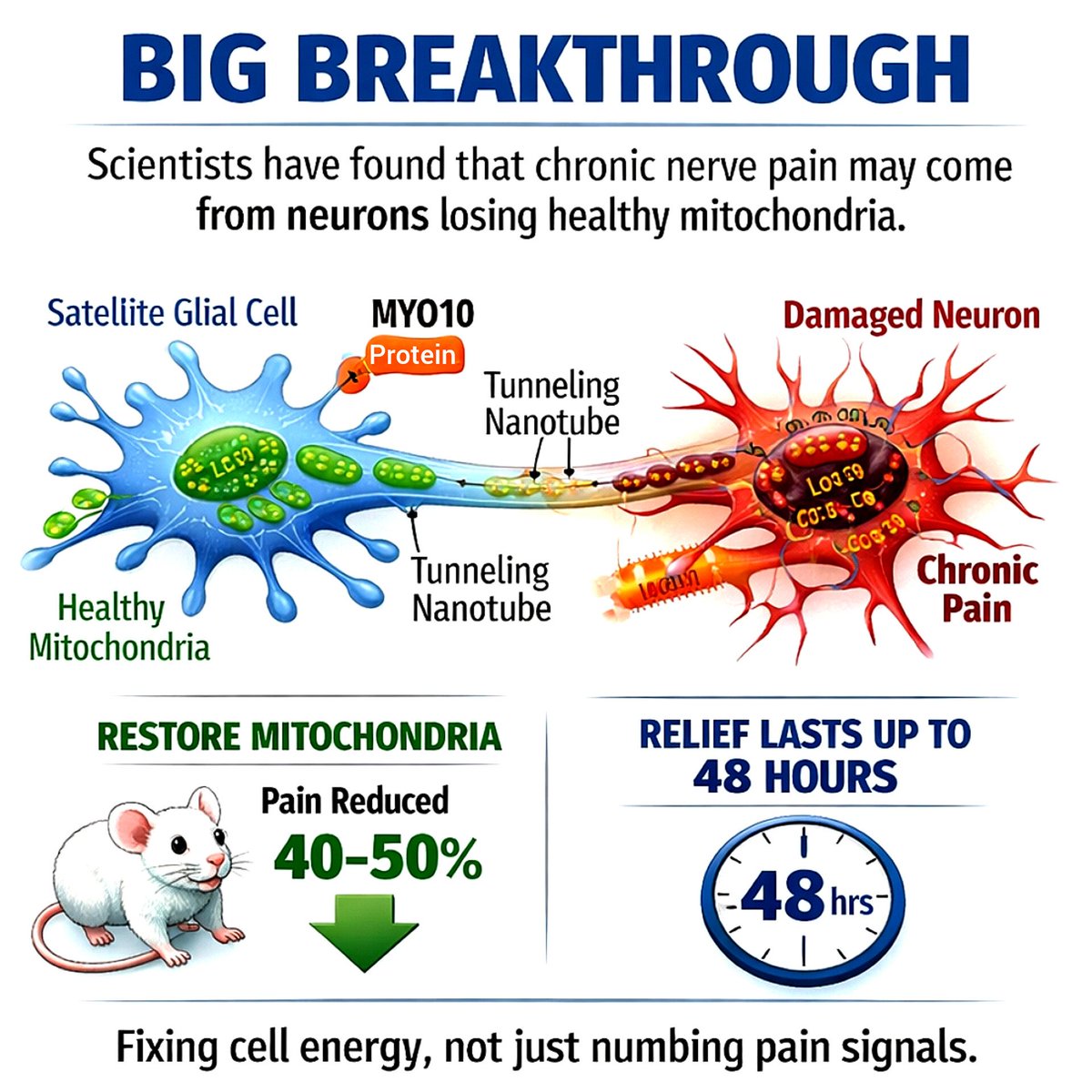 SciTechera's tweet image. This is MASSIVE

A breakthrough that could redefine chronic pain treatment in 2026.

Scientists have uncovered a biological mechanism that may finally offer real relief for chronic nerve pain by restoring the tiny powerhouses inside our cells.

Researchers just discovered that…