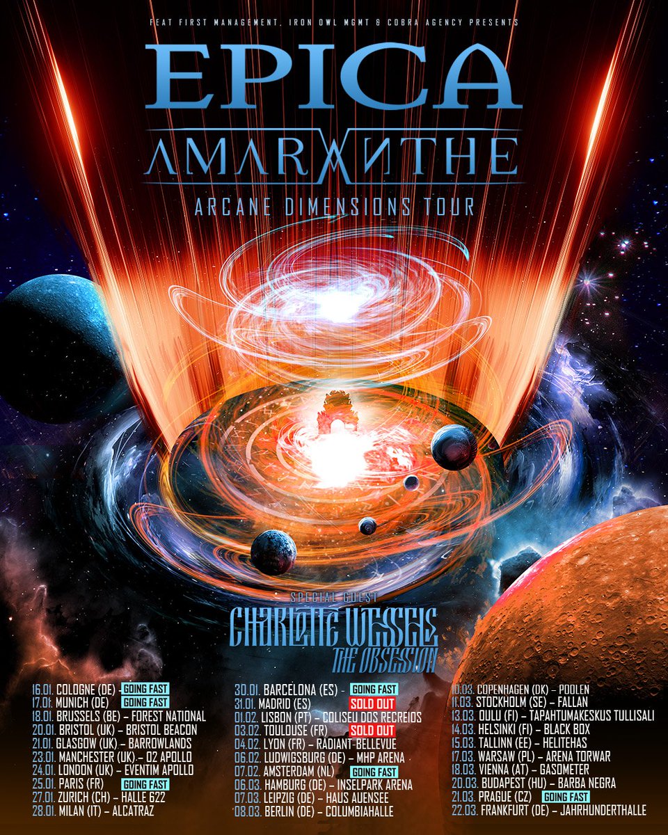 It's almost tour o'clock! 🔥
We can’t wait to bring the Arcane Dimensions party across Europe with Amaranthe and Charlotte Wessels.

🎟️ Tickets are moving fast, Madrid and Tolouse are already sold out, and several other cities are close behind. Don't wait!

📷 Jens De Vos