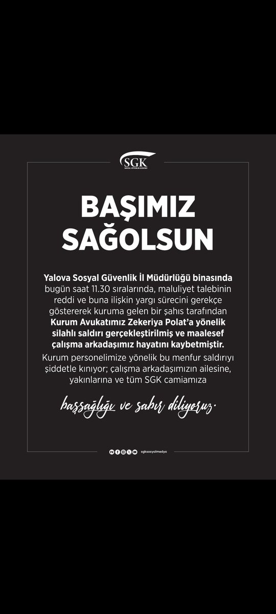 SGK personelimize yönelik gerçekleştirilen menfur silahlı saldırıyı derin bir üzüntüyle öğrenmiş bulunmaktayız. Vefat eden
personelimize Allah'tan rahmet, kederli ailesine  camiamıza sabır diliyoruz. Çalışma arkadaşımıza yapılan bu şiddeti kınıyoruz.  <a href="/RTErdogan/">Recep Tayyip Erdoğan</a> <a href="/dbdevletbahceli/">Devlet Bahçeli</a>