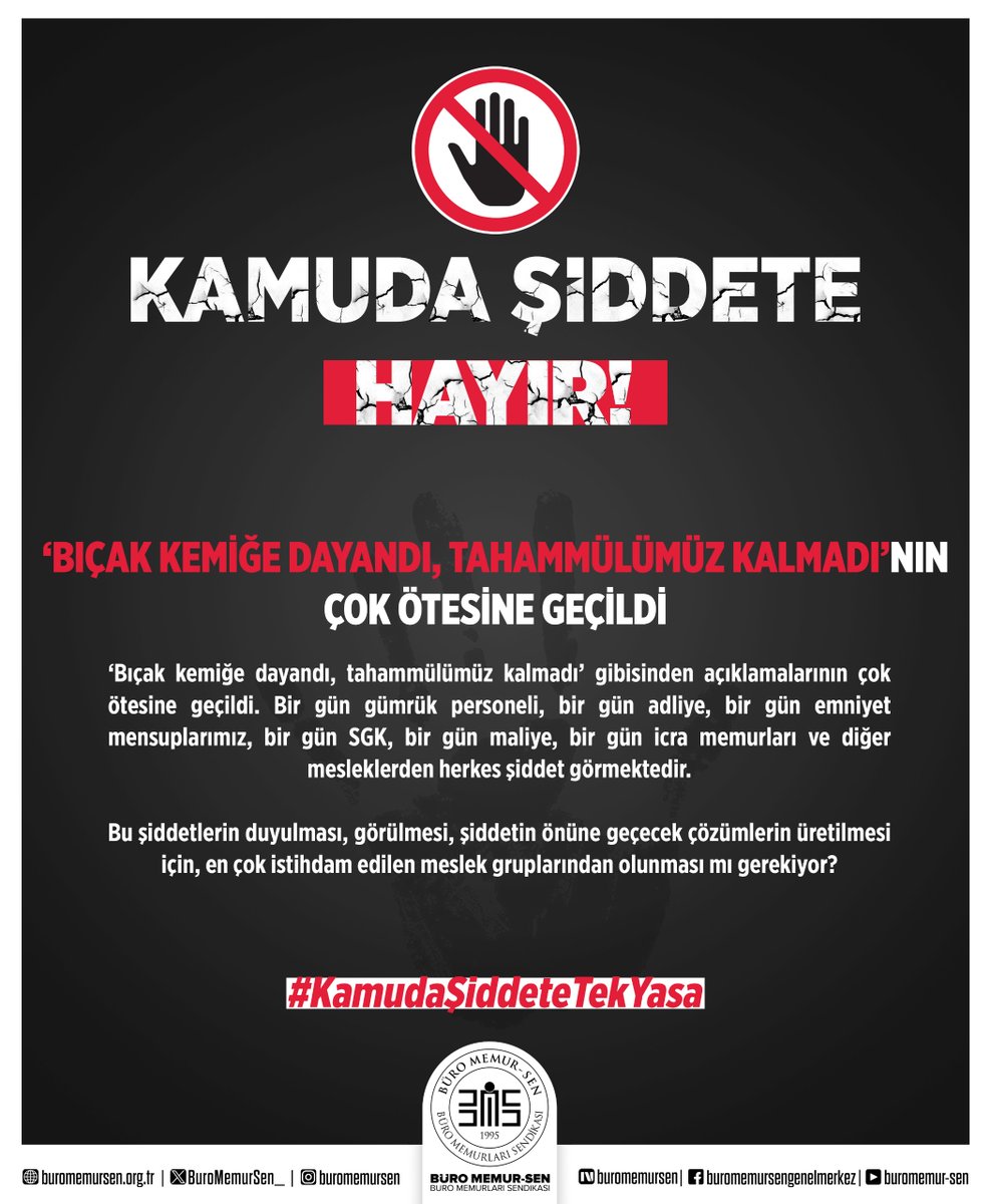 Bıçak kemiğe dayandı’ demeyi çoktan geçtik!

Her gün bir başka kamu görevlisi hedefte: 

GÜMRÜK, SGK, ADLİYE, MALİYE, EMNİYET, İCRA MEMURU... 

Herkes şiddet görüyor!
Sesimizin duyulması için kaç canımız daha gidecek?

#KamudaŞiddeteTekYasa

<a href="/_cevdetyilmaz/">Cevdet Yılmaz</a> I <a href="/isikhanvedat/">Prof. Dr. Vedat Işıkhan</a> I